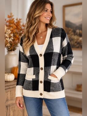 Style & Co Buffalo Plaid Cardigan Petite Small Black White Button Front